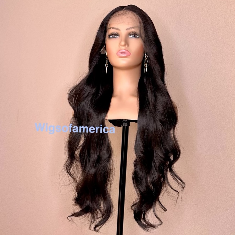Dark brown wig 26 inch long lace front middle part wavy layered